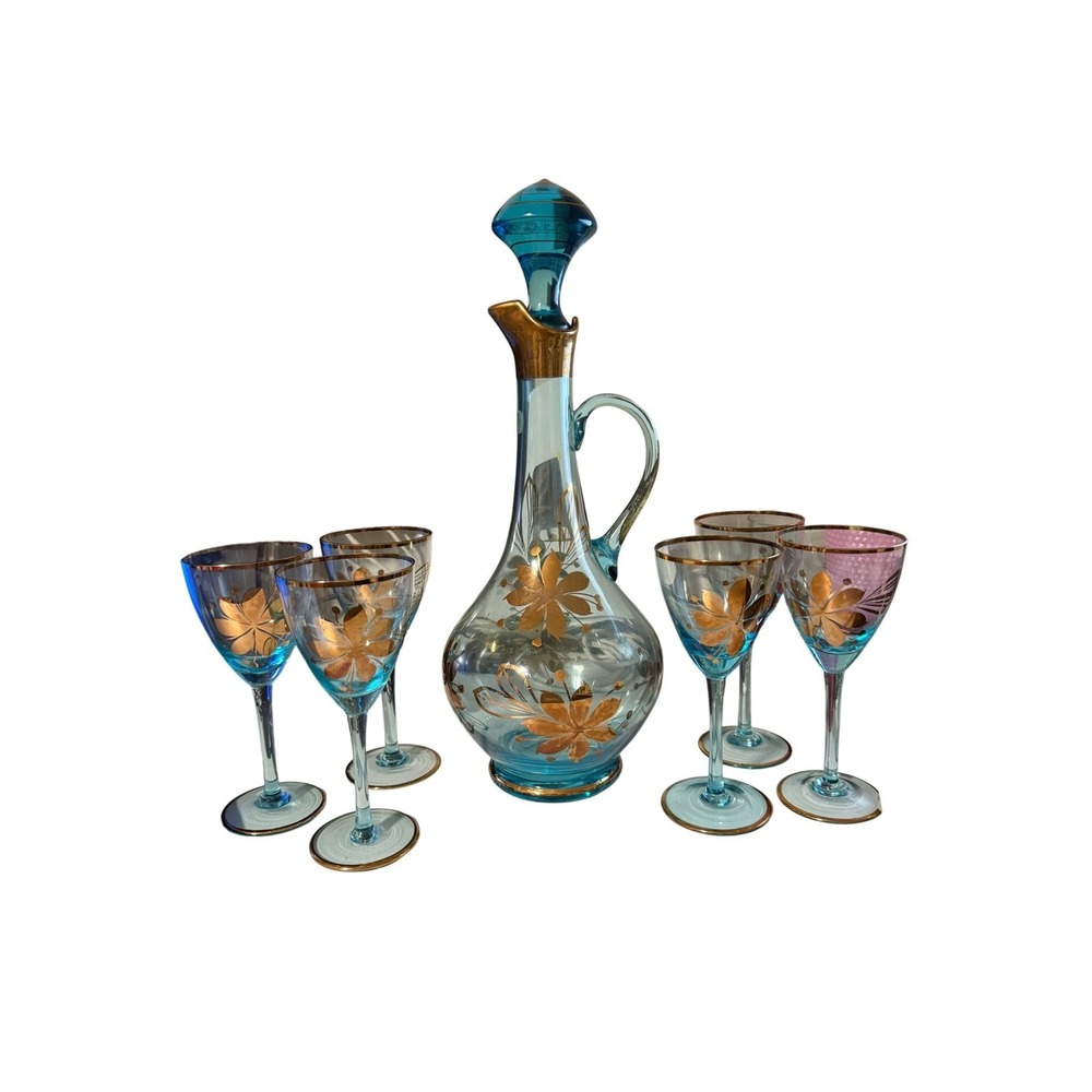 Vintage Romanie Cristiro Decanter‎ Set with 24k trip and 6 Cordial Glasses